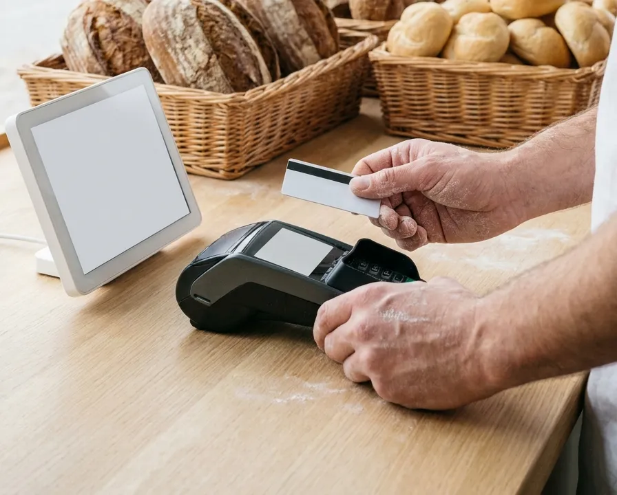 Hände zahlen mit Karte am Terminal neben einer Tablet-Kasse auf dem Tresen einer Bäckerei