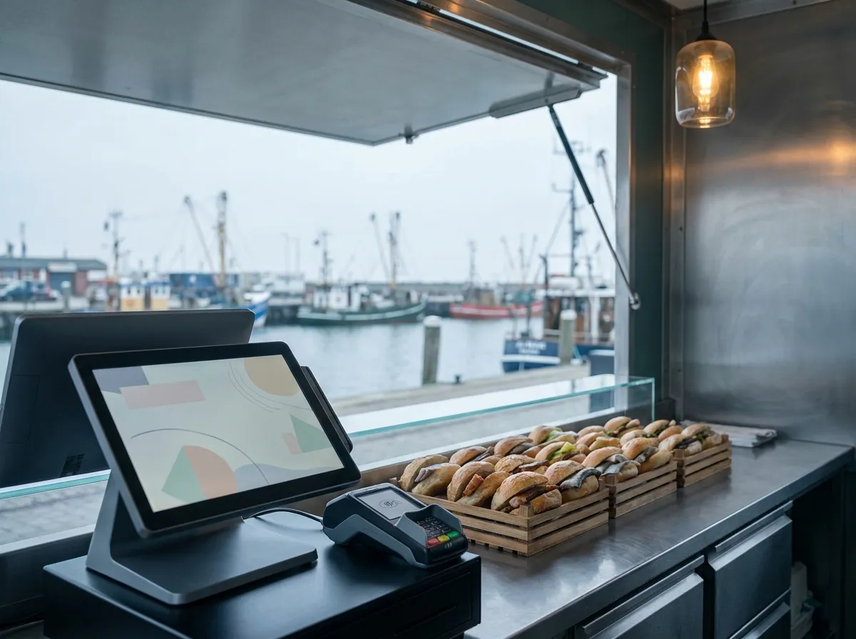 Touch-Kasse und Kartenterminal an der offenen Klappe eines Fischimbisses, dahinter Fischkutter im Hafen